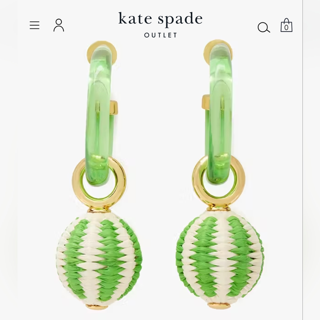 Nwt Kate Spade Feeling Bubbly Raffia Charm Hoops - Green/White New In Pouch